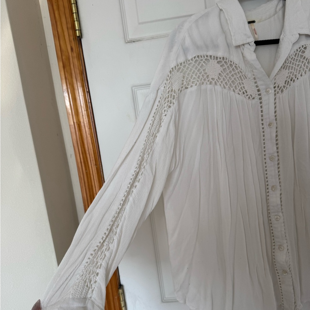 Free People Katie Bird White Button Down Shirt with Lace Accents - Picture 5 of 8